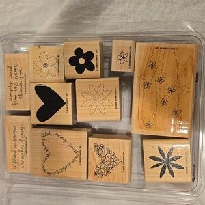 Stampin' Up! Wooden Stamp Set with Black Floral and Heart Designs. Retired Set